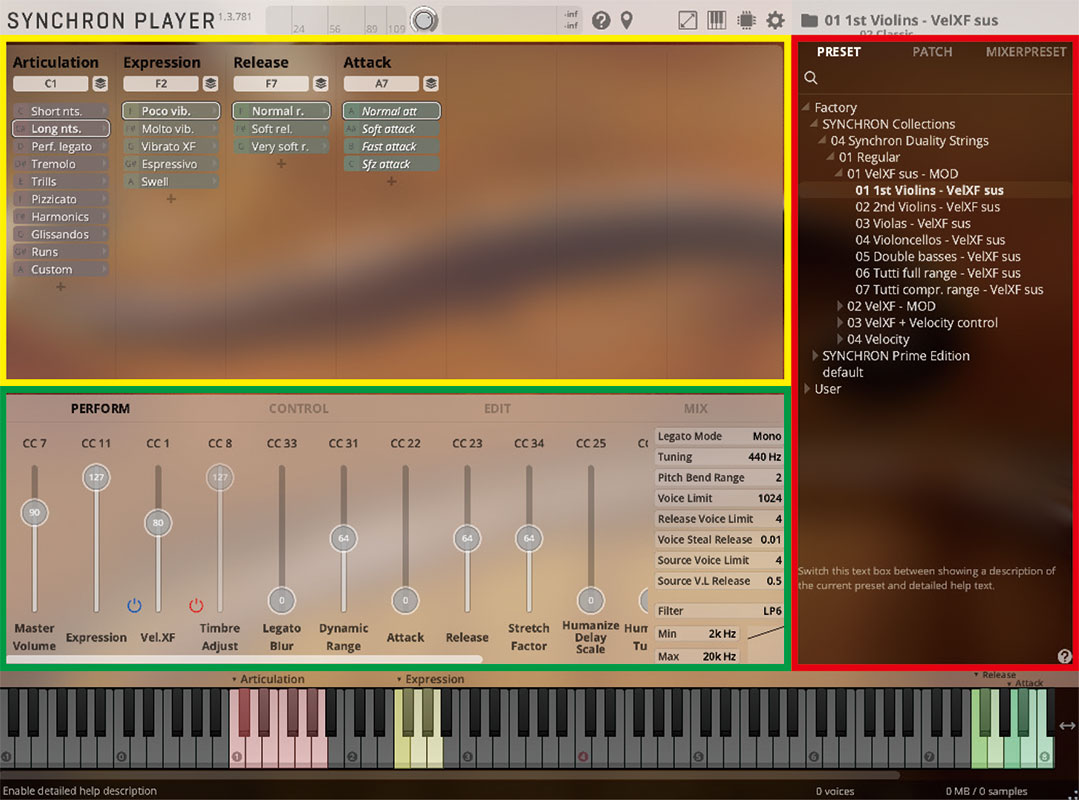 メイン画像の画面を縮小表示したもの。赤枠内にプリセット名が並び、ここで選んだプリセットのアーティキュレーションなどが黄枠内に表示される。さらに緑枠内では、音量やエクスプレッション、リリース、アタックなどをコントロール・チェンジ（CC）のフェーダーで操作できる。詳細はメイン画像の大きな画面で確認してみてほしい