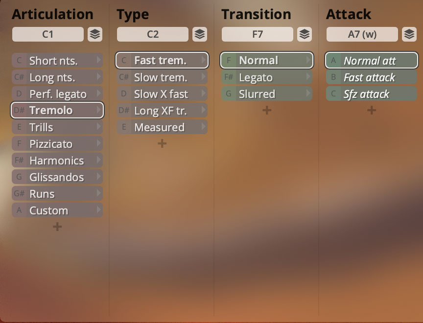 1st ViolinsのArticulation欄で、Tremoloを選択。Type欄でさまざまな速さのトレモロを選択できるほか、Measuredを選ぶと120/130/140/160/180BPMのトレモロを再現できる