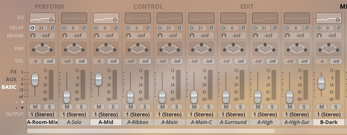 デフォルトでロードされるミキサーのプリセット。A-Room-Mix、A-MidというStage AのサウンドとB-DarkというStage Bのサウンドがチャンネルに立ち上がる。その他の斜体になっているチャンネルにはサウンドは入力されない