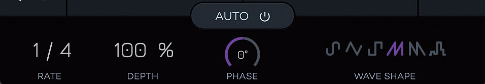 画面最下部にあるオンボード・オートフィルター。６つの波形を備えるLFOから好みのものを選択し、RATEやDEPTH、PHASEのパラメーターを調整してよりエフェクティブな音色を作成できる
