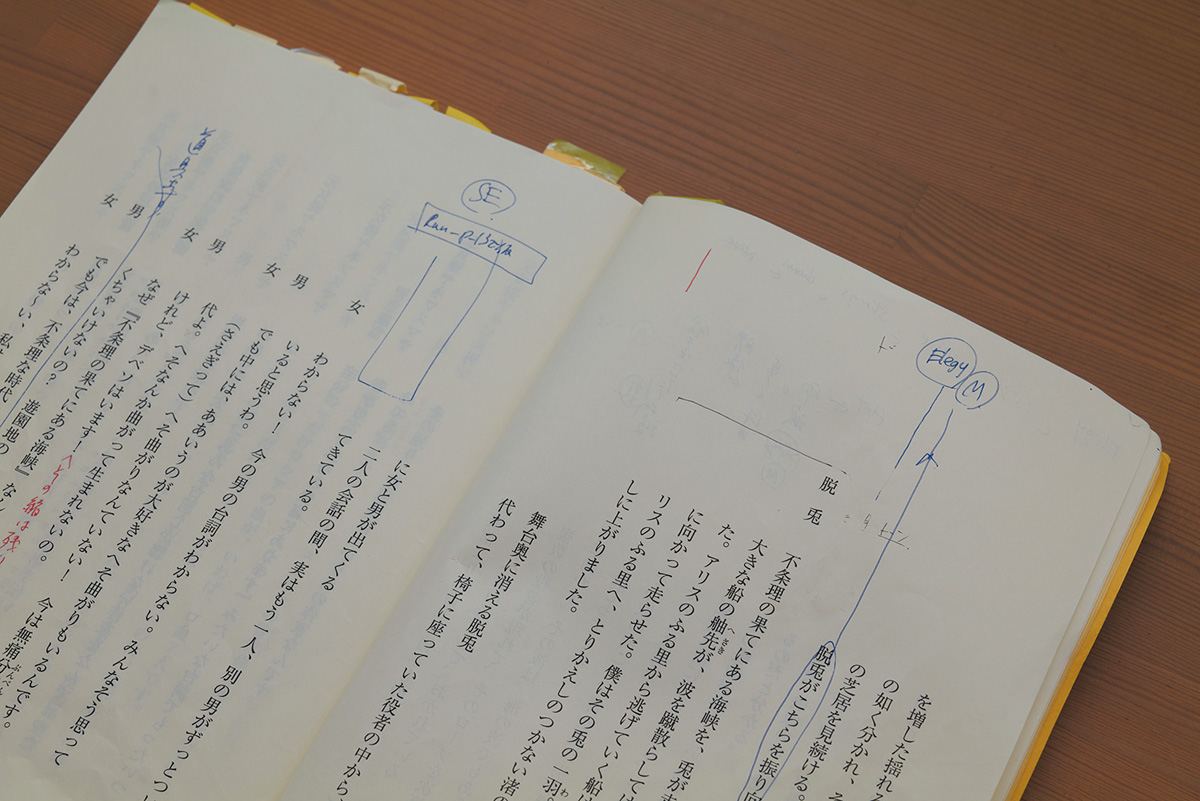 稽古に立ち会い、どの場面に音が必要か台本に書き込む