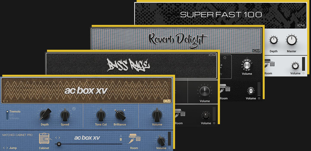 新しいICMアンプ。左からAC Box XV、Bass Rage、Reverb Delight、Super Fast 100