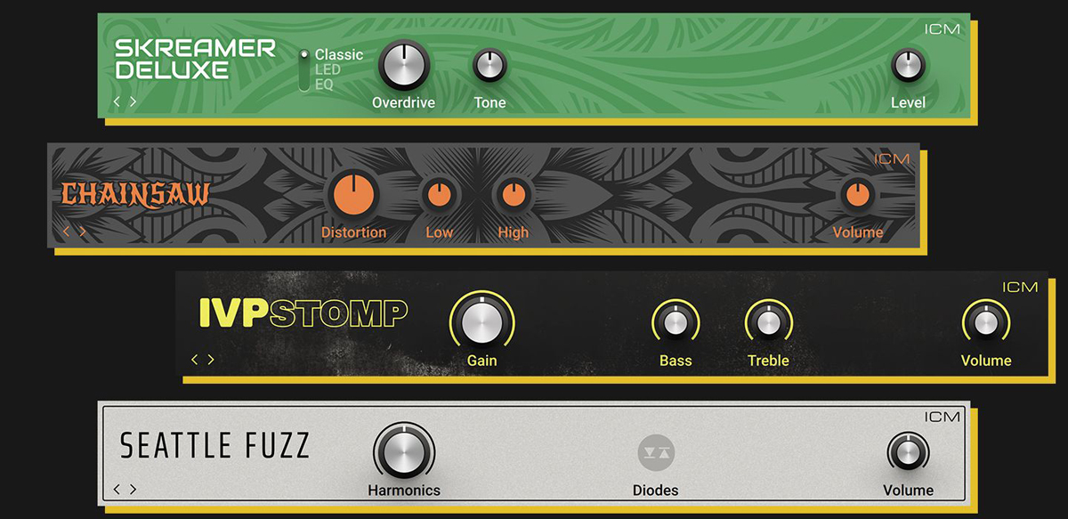 ICMペダルエフェクト。上からSkreamer Deluxe、Chainsaw、IVP Stomp、Seattle Fuzz