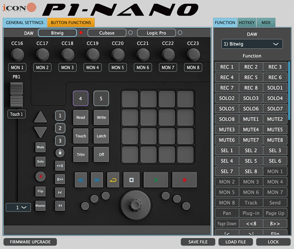 Mac/Windows用の専用アプリiMap。操作するDAWの選択や、それぞれのDAW操作に関するコマンドのアサイン（FUNCTION）、コンピューター側のキー操作の登録（HOTKEY）、MIDIコントロールの設定／調整（MIDI）など、iMap上でP1-Nanoの各設定を簡単に行うことができ、その設定は即座にP1-Nano側に反映される