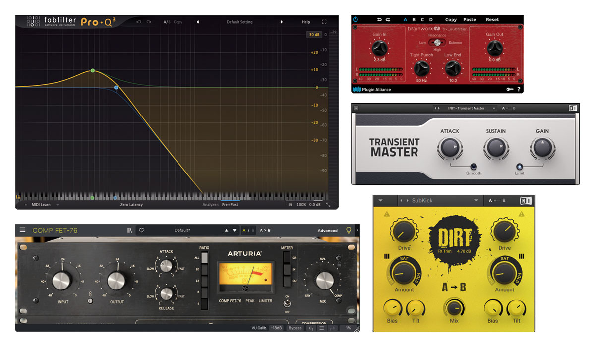 キックの加工に使用したプラグイン群。左上はFABFILTER Pro-Q 3、その右がPLUGIN ALLIANCE Brainworx Bx_Subfilter、その下がNATIVE INSTRUMENTS Transient Master、左下はARTURIA Comp FET-76で、その右がNATIVE INSTRUMENTS Dirt