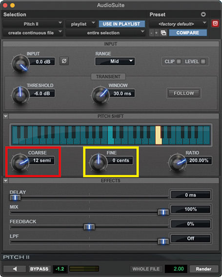 AudioSuiteのPitch II。Pro ToolsのAudioSuiteメニュー＞Pitch Shiftから呼び出して使用する。COARSE（赤枠）で半音単位の設定が可能。より細かい微調整にはFINE（黄枠）を使用する。なおリアルタイム・プラグインとして同名のピッチ・シフトも用意されている