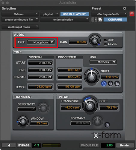 高音質でタイム・ストレッチやピッチ・シフトを行えるX-form（AudioSuite版）。単音の素材のときはTYPE欄（赤枠）で“Monophonic”、それ以外の素材では“Polyphonic”を選ぶのがお勧め。この選択でも音質が変わる
