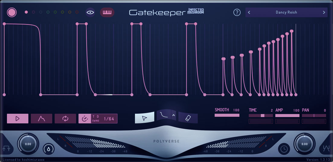 B音のトラックにインサートしたPOLYVERSE MUSIC Gatekeeper。グラフは音量の変化を表していて、いわば自由にボリュームのエンベロープを作れるプラグイン。上ものの各音で異なるグラフを設定している