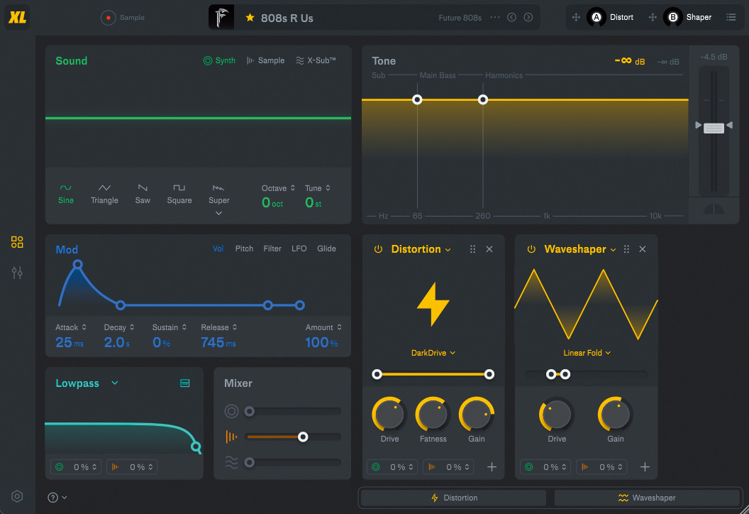 TAKU INOUEが「今回、大活躍したソフト音源です」と話すのは、FUTURE AUDIO WORKSHOP SubLab XL。サブベースに特化したソフト・シンセで、サンプルを読み込むこともできる。6種類のディストーションのほか、ビット・クラッシャー、コンプ、EQ、モジュレーションなどのエフェクトを搭載