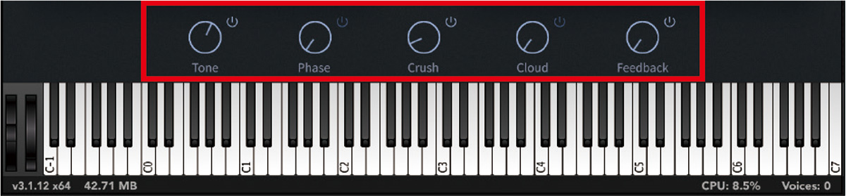 メイン画面の下部に用意された5つの音色加工用ノブ（赤枠）。左からTone、Phase、Crush、Cloud、Feedbackと並んでおり、ノブを回すだけで簡単に分かりやすい音色変化を得ることができる