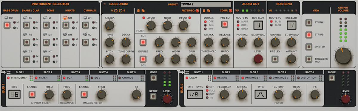STRIPS VIEW選択時のパネル上部。左端のINSTRUMENT SELECTORで音源を選択し、中央部の各パラメーターで音色の調整やルーティングを行う作りとなっている。画面上部中央のPRESETには各音源のプリセットが多数用意されているので、音色に迷った際などに便利。画面下部のBUS 1/BUS 2では各SLOTに計10種のエフェクトを用意。SLOTの順序は変更可能で、画面右のAUDIO OUT/BUS SENDを調整することで単一の音源に複数のエフェクトをかけることもできる