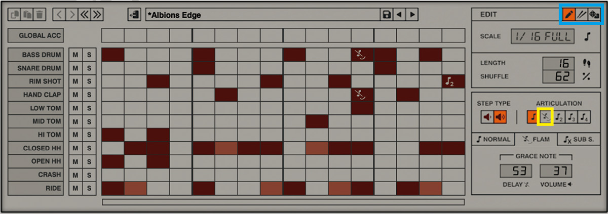 パネル下部のシーケンサー。上部にはコピー／ペースト／クリア・ボタンや、パターン・シフト･ボタン、プリセット・メニューを用意。その下部のGLOBAL ACCで、すべての音源にアクセントを加えることができる。右端のエディターには、シーケンサーの打ち込みに関わる操作子をまとめたEDIT、フレーズをリアル・タイムで打ち込めるTAP、ランダムなパターンを生成することができるRANDOMIZEを用意（青枠からそれぞれ選択可能）。画面は、バス・ドラムの４拍目の前に薄いキックを鳴らす手法をARTICULATIONのFLAM（黄枠）を使用して実践した様子