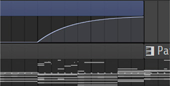 画面上部のトラックは、リバーブのドライ／ウェットに設定したオートメーション・トラック。次のセクションへと移行する前の2小節間に、緩やかなオートメーション・カーブを書いています