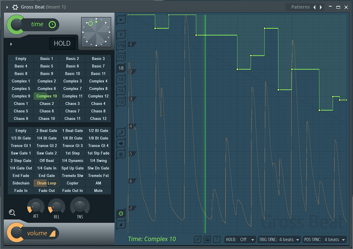 FL StudioのSignatureエディションに付属するマルチエフェクト、Gross Beat。グリッチ／スタッター／リピート／スクラッチ／ゲートといった効果をリアルタイムに再現できるプラグインです。画面右側にはEnvelope Mapping Panelを搭載し、マウスでエンベロープ・ラインをダイレクトに調整することが可能です
