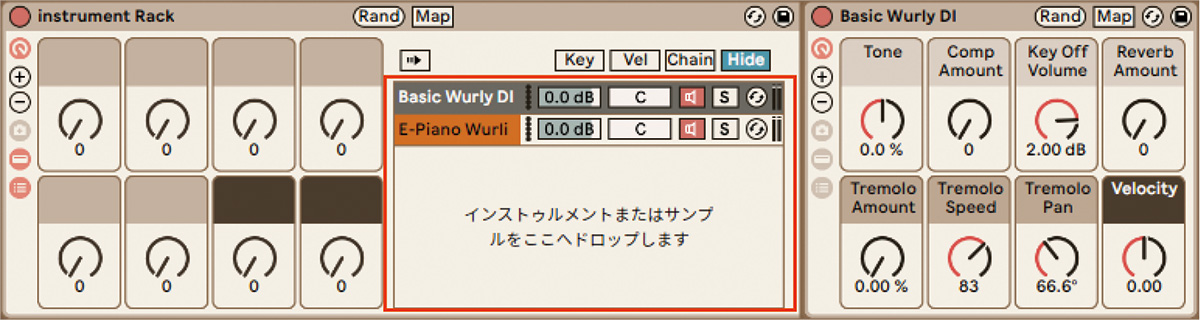 Instrument Rackは並列に音源をレイヤー可能。画面中央のリスト（赤枠）に重ねた音が表示されていく。その上がレイヤー方法の設定（画像2参照）