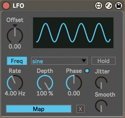 Max for Live（Live Suiteに付属）デバイスのLFO。左下のMapボタンを押した後に、パラメーターをクリックすると、そのパラメーターにLFOを適用でき、適用先としてチェーンセレクトも選択することができる