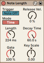 入ってきたMIDIノートの長さを調整するデバイスのNote Length。Triggerを“Note Off”にすると、入ってきた音が鍵盤を離したときに鳴るため、ピアノのリリース音やギターのフレット・ノイズを入れておくことで、よりリアル感のある音などを作り込むことができる