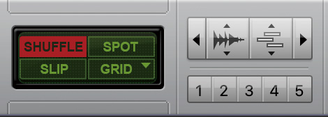 編集ウィンドウの左上に用意されている編集モードの選択肢。SHUFFLE、SPOT、SLIP、GRIDの4種類がある