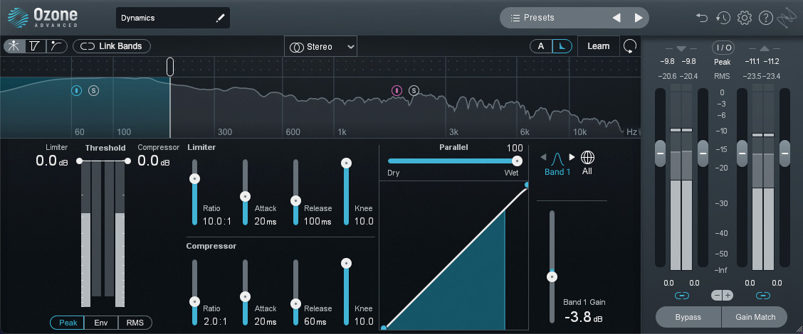 IZOTOPE Ozoneに含まれるダイナミクス系モジュール、Dynamics。マルチバンド・コンプとして利用できる。筆者はEQではなく、マルチバンド・コンプを使って、中低域から低域の音量を調整する