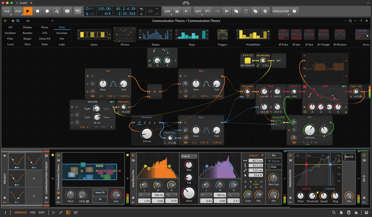 画面⑧ 最上位版のBitwig Studioに付属するPoly Grid。モジュールを接続してオリジナルのシンセを作成できる。FX Gridではエフェクト、Note GridではMIDIエフェクトなどを作成可能