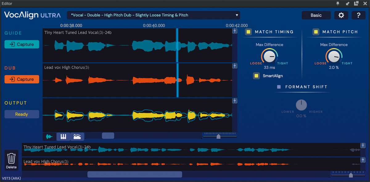 オーディオのタイミングやピッチ補正を調整できるプラグイン、SYNCHRO ARTS VocAlign Ultra。リミックスでは、シンセ・リードのタイミングにスキャット、マリンバのタイミングを合わせるために使用された