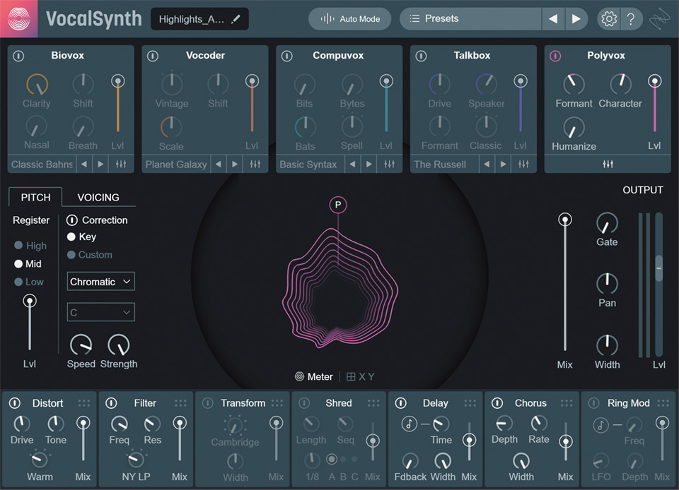 ボーカルをロボット・ボイスやトークボックス・サウンドなどに加工できるマルチエフェクト・プラグイン、IZOTOPE VocalSynth。リミックスでは、サビに入る直前のボーカルのピッチを下げるために使われている