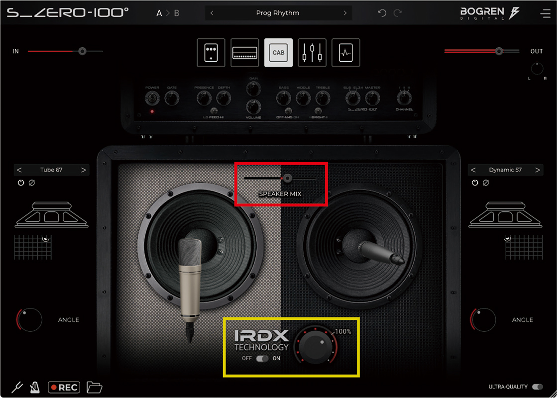 CABINETセクション画面。キャビネットはVintageとModernの2種類で、5種類のマイクを選択しマイキングを調整できる。マイク位置の前後左右に加え、角度も設定可能。チャンネルは2つ用意され、それぞれのミックス度合いをキャビネット上部にあるスライダー（赤枠）で調整できる。また黄枠の“IRDX”ノブでは、独自開発のIRDXテクノロジーを設定可能。演奏に伴うよりリアルなキャビネットの挙動を、IRに反映させることができる。IRは、MLC S_ZERO 100にプリインストールされているものだけでなく、外部のIRも読み込んで適用可能