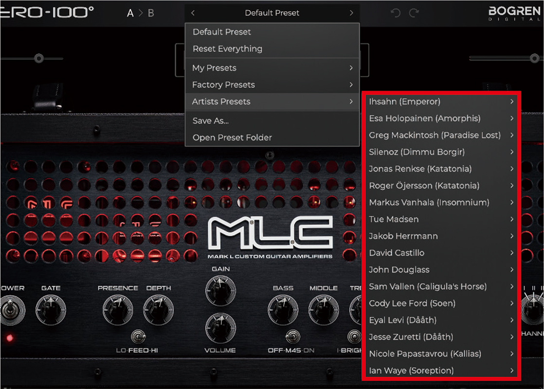 プリセットは、Clean/Crunch/High Gain/Leadでカテゴリー分けされたボグレン氏作成のファクトリープリセット27種類を用意。そのほかアーティストプリセット（赤枠）として、15名以上のプロデューサー／ギタリストによるプリセットも収録されている