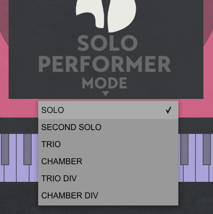 画面②　PERFORMER MODEからは奏者の編成を選択可能。SOLO、SECOND SOLO、TRIO、CHAMBER、TRIO DIV、CHAMBER DIVの中から選択する