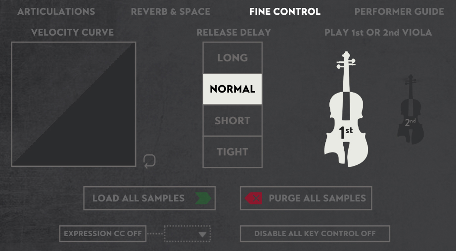 画面⑦　FINE CONTROL画面では、ベロシティカーブやリリースディレイなど詳細な出音の調整が可能だ