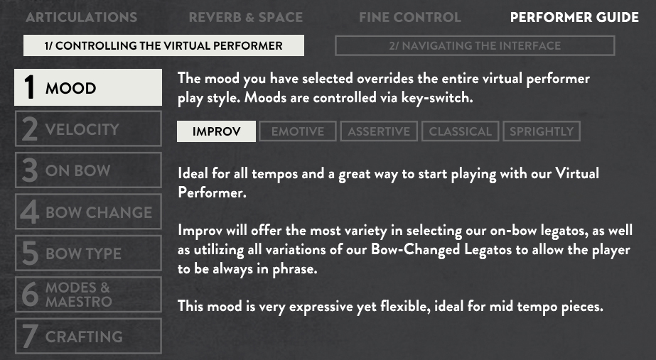 画面⑧　操作に迷ったときはPERFORMER GUIDEで機能の内容を確認可能。この画面では、バーチャルパフォーマーのMOODのうち、IMPROVがどのようなスタイルかを解説している