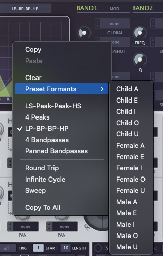 EQのグラフ上で右クリック（Mac：control＋クリック）すると表示されるメニューのPreset Formantsには、15種類のボーカルフォルマントが用意されており、子供、女性、男性の母音別でEQのカーブを選ぶことができる。また、その下には“LS（ローシェルフ）-Peak（ピーク）-Peak-HS（ハイシェルフ）”といった各バンドのEQのモードを設定する５種類のプリセットが並んでいる
