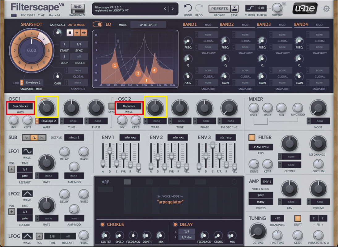 Filterscape FXとシンセが合体したプラグイン。シンセ部分は、ウェーブテーブル方式のオシレーターが２基とサブオシレーター、マルチモードフィルター、３基のLFO、３基のエンベロープジェネレーター、アルペジエイターなどを搭載。WAVE（赤枠）でウェーブテーブルを選択し、WARP（黄枠）を回すと音色が変化する。上の画面は本文中で解説されているクラリネット的なサウンドを作った状態