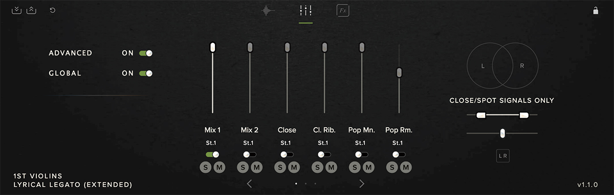 マイクシグナルの設定画面。Mix 1とMix 2は複数のマイクがミックスされたプリセット。また、Closeは小型ダイアフラムのコンデンサーマイクを使用したオンマイク、Cl. Rib.はリボンマイクによるオンマイク、Pop Mn.は単一指向のステレオバルブ・マイクをセクションの上部に、Pop Rm.は無指向のコンデンサーマイクをセクションの両側にセッティングしたサウンドとなっている