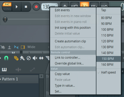 テンポの表示部分をcontrolキー+クリック(Windowsはcontrolキー+右クリック)すると、メニュー画面が出現。80/90/100/110/120/130/140/150/160BPMからテンポ選択ができるほか、“Tap”では実際に画面をタップしてテンポを設定できます