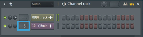 オーディオサンプルとMixer上のチャンネルをひも付けるには、Channel rack画面の左側にあるTarget mixer trackスロット(青枠)にて、アサインしたいチャンネルの番号を指定すればOKです