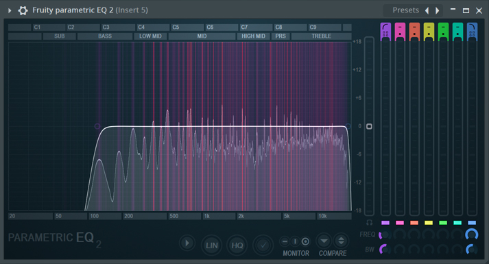 FL Studioの全エディションに付属する7バンドEQプラグイン、Fruity parametric EQ 2。自分はよくこれで上モノの100kHz以下をカットすることが多いです。フィルターカーブの種類も選べます