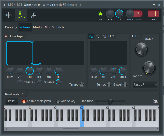 Channel samplerのEnvelopeタブ。最下段にあるキーボード上で水色になっている鍵盤は、サンプルがアサインされている場所、つまりルートノートとなっています。Fine tuneスライダーもあるので、細かい音高調整ができて便利です