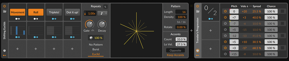 左のデバイスは、Polymerの前に立ち上げたNote Repeatで、Shifting Euclidsというプリセットを使用。鍵盤を押すと16分音符でノートが連打される。右はMulti-noteデバイスに、モジュレーターのNote Counterが追加されているプリセット、Traveler's Progressionを呼び出したところ