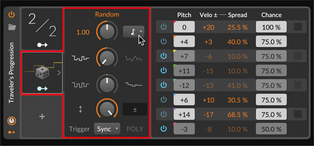 Multi-noteデバイスに、Randomモジュレーターを追加（赤枠）。TIMEBASEはDotted 8th note（付点８分音符）、TIRGGER MODEはSyncに設定