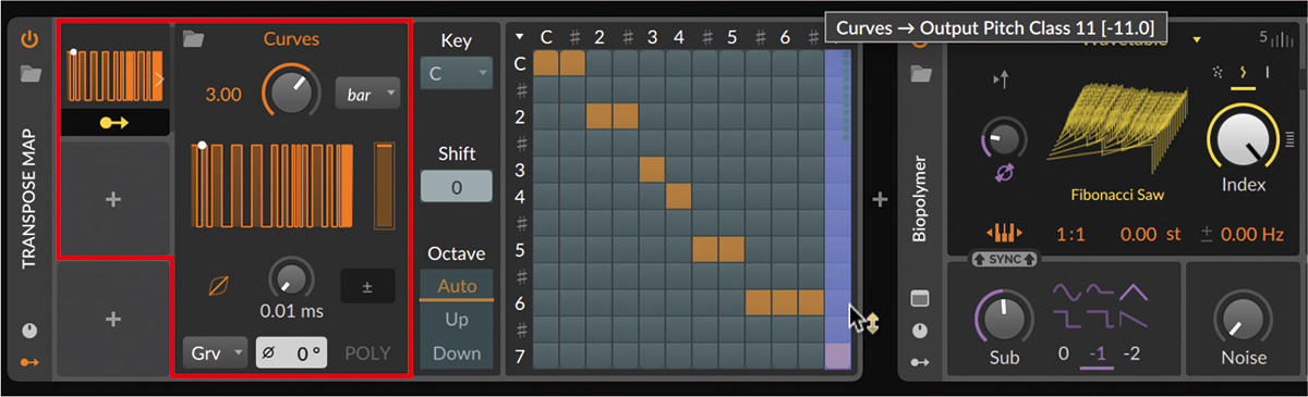 Transpose Mapデバイスに、Curvesモジュールを追加（赤枠）。RATEは3、TIMEBASEはbar、SMOOTHING TIMEは0.01ms、Bipolarはオフ、Trigger ModeはGrvに設定。これをTranspose Mapの7の列に［-11,00］でマッピング