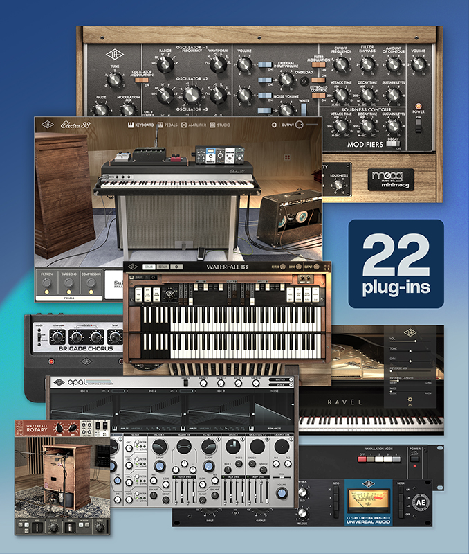 画面②　UAD Producer Edition Bundle。1974年製RHODES MKI Suitcase Eighty EightをエミュレーションしたElectra 88 Vintage Keyboard Studioや、シンセのmoog minimoog、Opal Morphing Synthesizerなど、22種類のエフェクト／インストゥルメントをバンドルしています