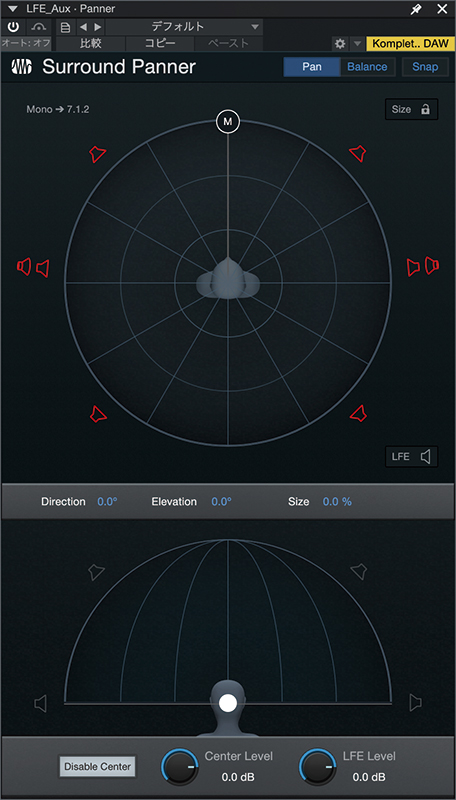 LFE用バスチャンネルのSurround Pannerで、センター以外の出力をミュートにしたところ。画面上部で赤くなっている部分が、ミュートされた出力を示している