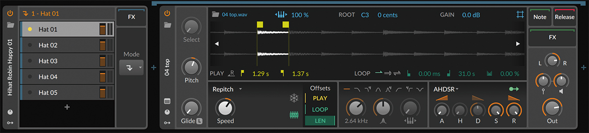 左が同じハイハットのオーディオファイルを読み込んだSamplerを5台レイヤーしたInstrument Selector。右は、その中のSamplerの1台。各Samplerでは、ハイハットの“チチチチ”のチ1つ分(1ショット分)の長さに再生範囲を設定。Samplerごとにその箇所は異なっている