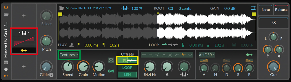 赤枠がピッチによってパラメーターを変化させるモジュレーターKeytrack+。SamplerのPLAY(黄枠)にマッピングすることで、サンプルを異なるピッチで再生するたびに、違う場所から再生することができる。なお、マッピングする前にPLAYのスライダーを動かして、再生スタート位置が楽曲の中央辺りになるようにしておく。また、Samplerの再生モードはTextureを選択(緑枠)