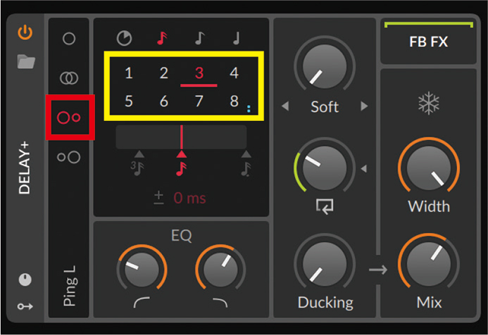 ディレイにはDelay+を使用し、ピンポンディレイのパターンを選択(赤枠)。なお、Beat of Delay(黄枠/ディレイタイム)に、四則演算のモジュレーターMathをマッピングし、そのMathに装備されているA/B2つのノブに、それぞれ周期の異なるLFOをマッピングしても、予測不可能な効果を得られて面白い