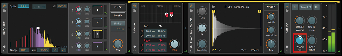 左端のFreq Splitでは4つの帯域それぞれに独立してエフェクトをかけられる。ここでは3番(黄色)の帯域に、広がり感を出すBlur、リバーブのConvolution、ユーティリティ的なデバイスのToolsを追加。浮遊感や残響感を加えることで、この周波数帯域をほかの帯域から分離させた。ToolsのPan(赤枠)にはPolynomもマッピングして、定位を揺らしている