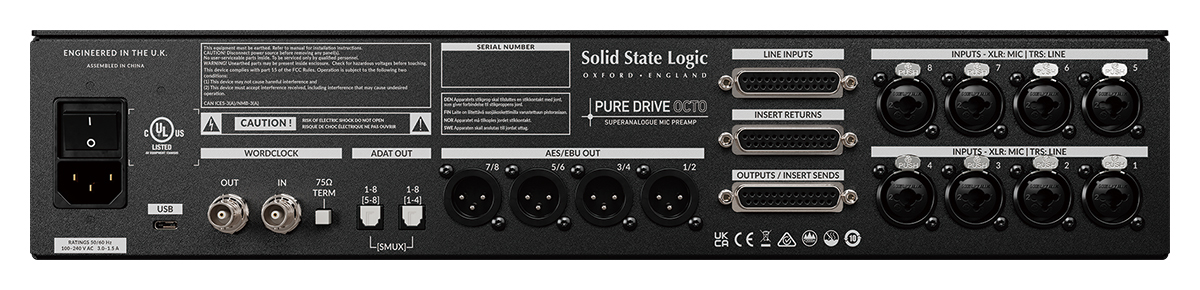 PURE DRIVE OCTOのリアパネル。左から、USB-C端子、ワードクロック入出力（BNC）、ターミネーションスイッチ、ADAT出力（オプティカル）×2、AES/EBU出力（XLR）×4、アナログ入力（D-Sub 25ピン）、インサートリターン入力（D-Sub 25ピン）、アナログ出力（D-Sub 25ピン）×4、マイク／ライン入力（XLR／TRSフォーンコンボ）×8