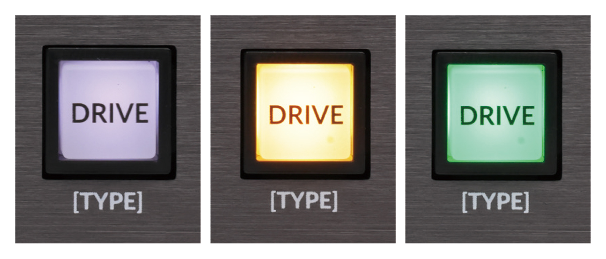 DRIVEは選択したモードを色で表示する。白は低ひずみのClean、黄色は奇数倍音を付加するClassic Drive、緑は偶数倍音を付加するAsymmetric Driveとなっている