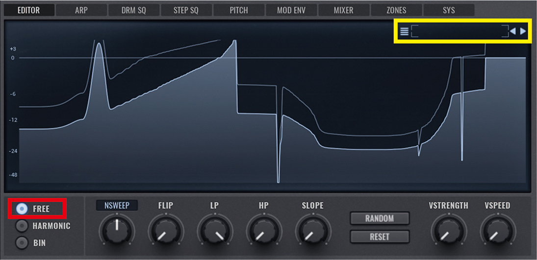 FFTフィルターをFREEモード（赤枠）にすると、マウスのドラッグで波形をデザインできる。ほかに倍音のグループでコントロールできるHARMONIC、全周波数帯域を256バンドに分割した状態で編集できるBINの3モードが用意されている。黄枠からプリセットを選んでエディットすることも可能